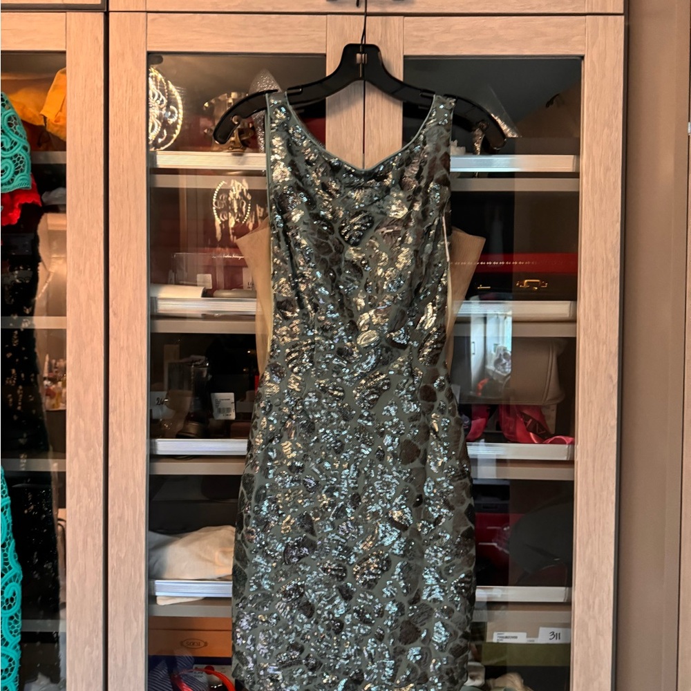 Sequined sage “V” cut in back evening dress